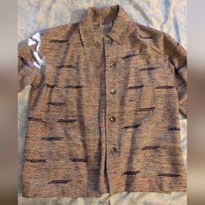 Striped Button-Front Shacket with Multicolor Speckle